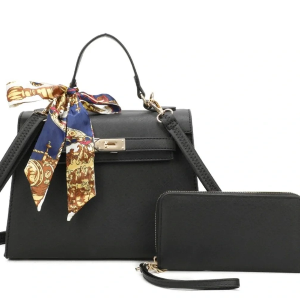 NEW! BUNDLE Scarf Handled Satchel With Crossbody Strap & Matching Wallet Black